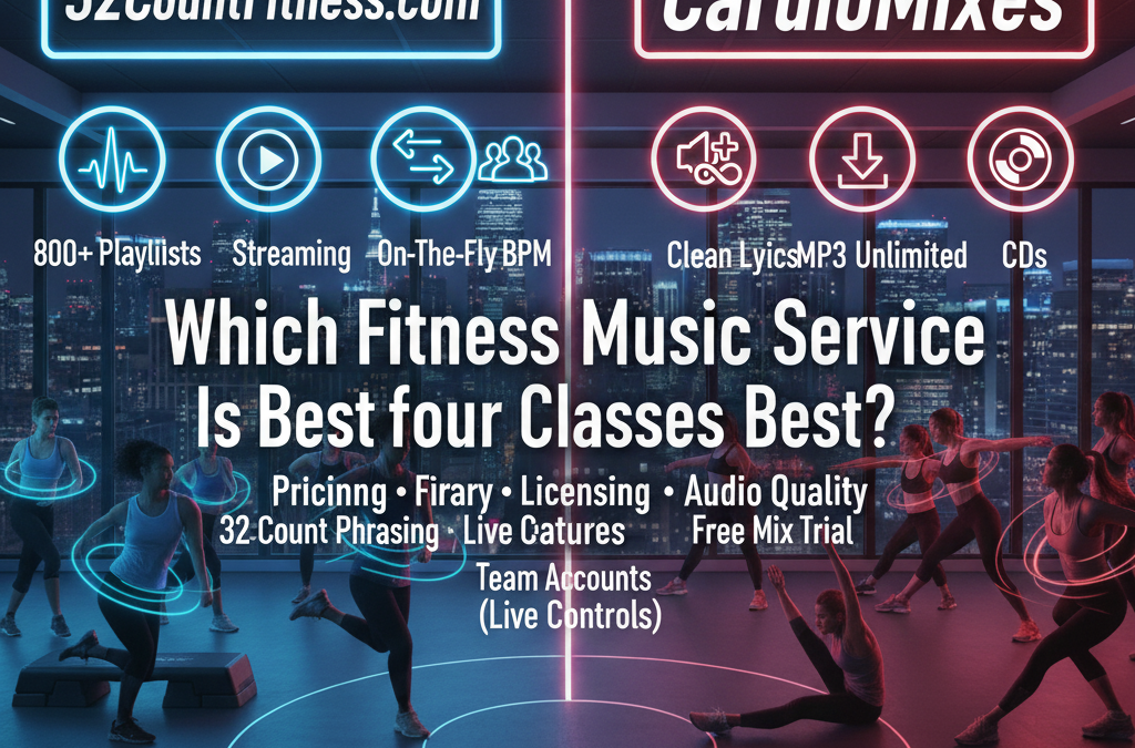 32CountFitness.com vs CardioMixes: Which Fitness Music Service Is Best for Your Classes? Great group fitness isn’t just taught—it’s scored. The right fitness music services amplify coaching, sharpen choreography, and keep members coming back. In this unbiased comparison, we put 32CountFitness.com and CardioMixes (cardiomixes.com) side by side. Both focus on 32‑count phrased, class‑ready mixes, but they deliver them differently. We’ll compare pricing models, music library depth, audio quality and formats, workout music licensing considerations, user experience, target audiences, unique features, and support. If you’re also exploring broader market options—many instructors search “32CountFitness.com vs Power Music” when evaluating gym music providers—this guide will help you apply the same decision criteria to CardioMixes as well.