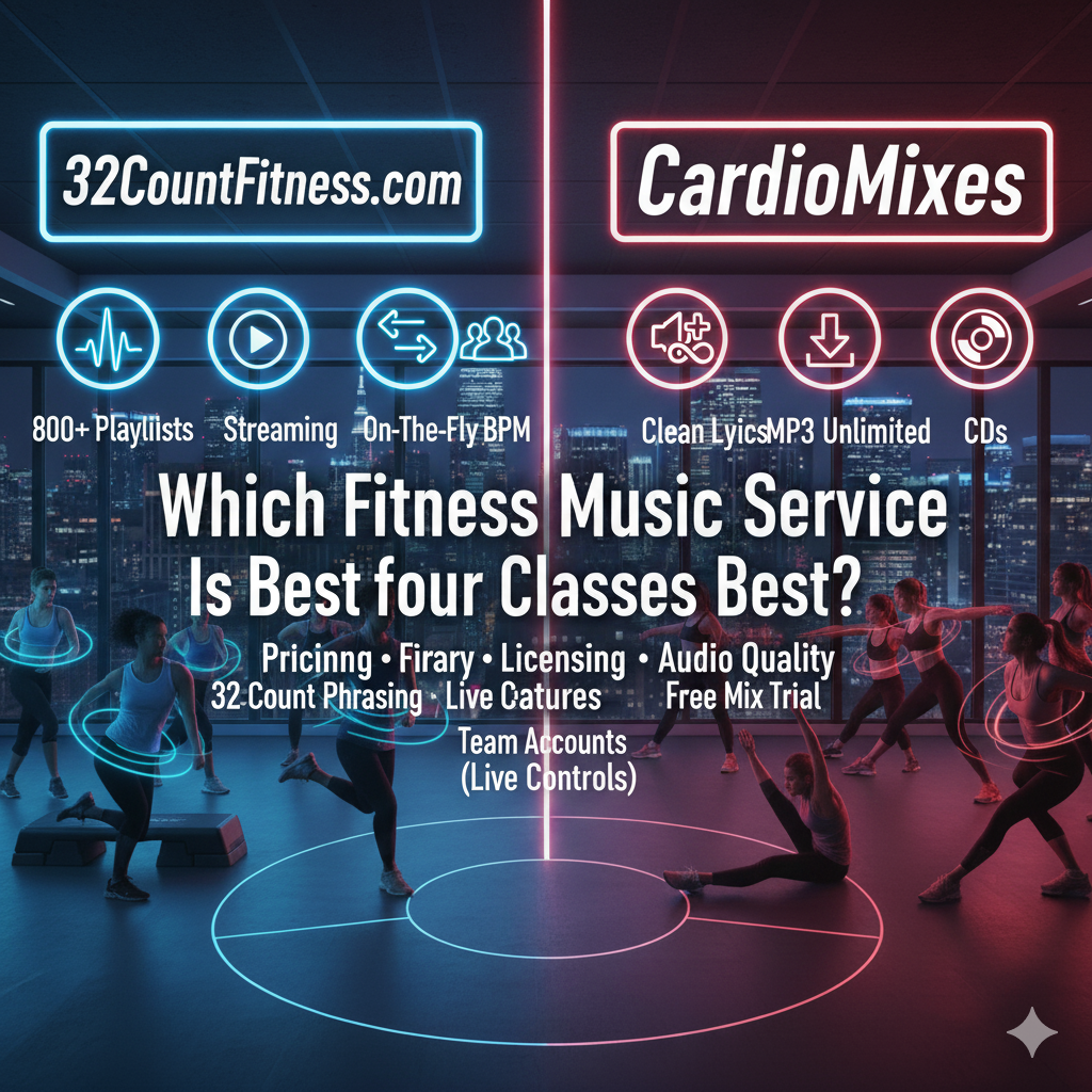 32CountFitness.com vs CardioMixes: Which Fitness Music Service Is Best for Your Classes? Great group fitness isn’t just taught—it’s scored. The right fitness music services amplify coaching, sharpen choreography, and keep members coming back. In this unbiased comparison, we put 32CountFitness.com and CardioMixes (cardiomixes.com) side by side. Both focus on 32‑count phrased, class‑ready mixes, but they deliver them differently. We’ll compare pricing models, music library depth, audio quality and formats, workout music licensing considerations, user experience, target audiences, unique features, and support. If you’re also exploring broader market options—many instructors search “32CountFitness.com vs Power Music” when evaluating gym music providers—this guide will help you apply the same decision criteria to CardioMixes as well.