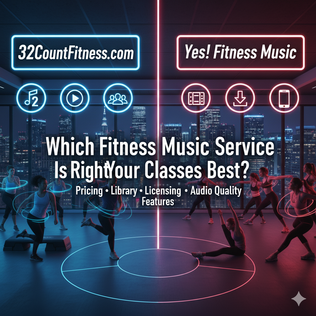32CountFitness.com vs Yes! Fitness Music: Which Fitness Music Service Is Right for Your Classes? Great classes aren’t just coached—they’re scored. The right fitness music services turn choreography into a seamless experience, drive intensity, and keep members coming back. In this comparison, we put 32CountFitness.com and Yes! Fitness Music (yesfitnessmusic.com) side by side to help instructors, gym owners, and dedicated exercisers choose the best partner for their sound. You’ll find an objective look at pricing approaches, music library depth, audio quality, workout music licensing considerations, usability, target audiences, unique features, and support. And if you’re also researching broader market options (e.g., “32CountFitness.com vs Power Music”), this guide highlights what to look for—no matter which gym music providers you’re evaluating.