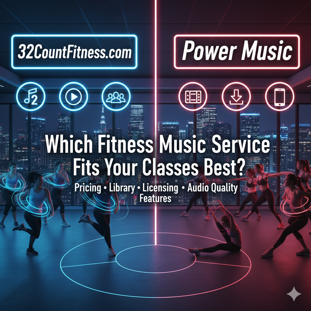 32CountFitness.com vs Power Music: Which Fitness Music Service Fits Your Classes Best? Compare 32CountFitness.com vs Power Music across pricing, library, licensing, audio quality, and features to pick the best fitness music service for your needs. In a crowded landscape of fitness music services, two names consistently stand out for professionals: 32CountFitness.com and Power Music. Both aim to deliver legal, class-ready mixes that keep energy high and choreography on beat. Yet their approaches differ. This unbiased comparison breaks down 32CountFitness.com vs Power Music across pricing, libraries, audio quality, workout music licensing, user experience, target audiences, unique features, and support—so instructors, gym owners, and enthusiastic participants can make an informed decision.