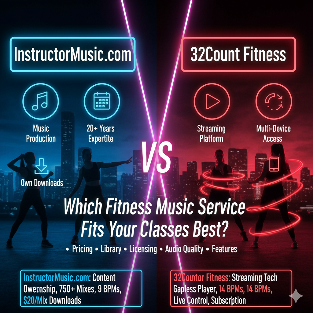 nstructor Music and 32Count Fitness appear to be closely related or affiliated platforms. Let me search for more clarity on their relationship and distinct features.: Instructor Music is a music production company that creates fitness mixes 32Count Fitness is a streaming platform that delivers those mixes (and others) They are closely affiliated – the FAQ explicitly states: “Everything you see on Instructor Music is also at 32CountFitness.com. That’s right all 800 plus mixes all from Original Artists, are on 32CountFitness.com.” Compare Instructor Music vs 32Count Fitness: Learn how these fitness music providers work together to deliver streaming, downloads, and professional workout music. Introduction: Why Professional Fitness Music Matters For group fitness instructors, music is more than background sound—it’s the driving force behind class energy, participant motivation, and choreography timing. The right workout music can mean the difference between a packed class and empty slots. As fitness professionals search for reliable fitness music providers, two names frequently appear: Instructor Music and 32Count Fitness. However, understanding how these platforms relate to each other is crucial before making a decision. This comprehensive guide explains what each offers, how they work together, and which solution best fits your teaching needs.